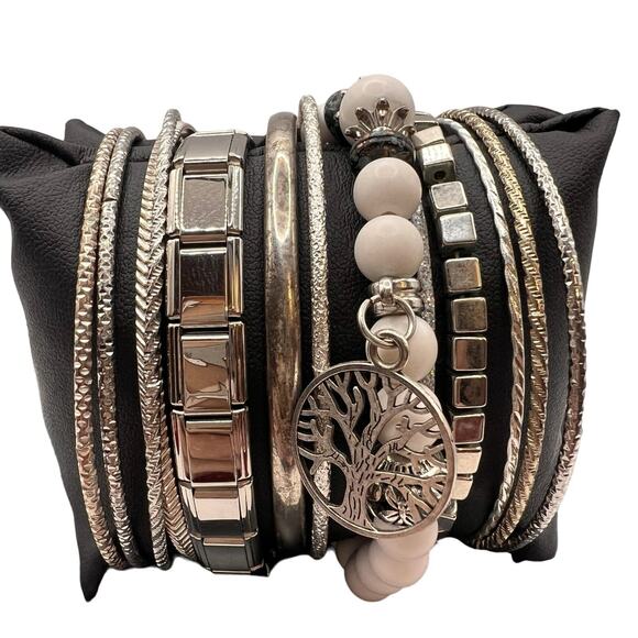 Eclectic Bracelet Lot 13 Pc Set Silver Tone Bangles Cuffs Beaded Stacked Jewelry - Picture 3 of 7